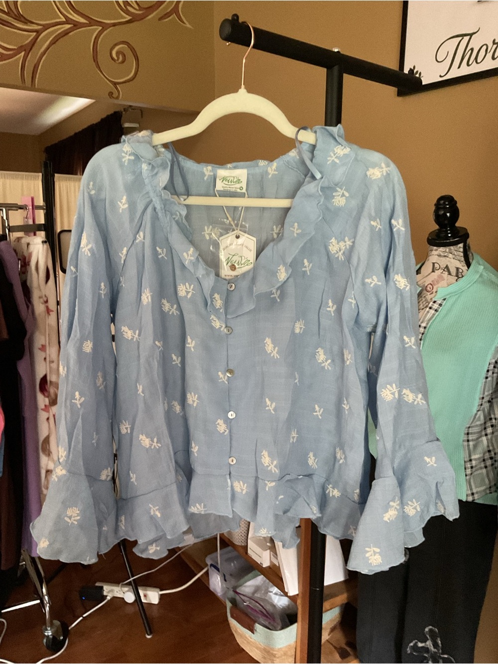 Very J Light Blue Floral Ruffle Button Blouse
